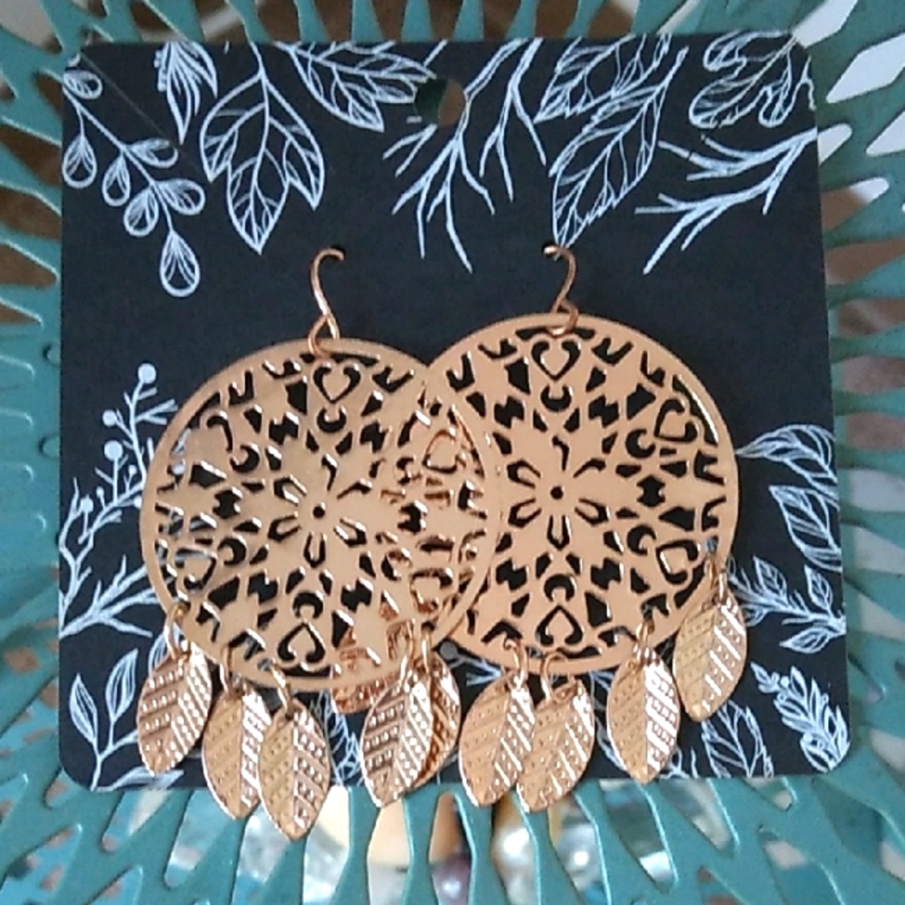 Gold Mandala and Feather Earrings